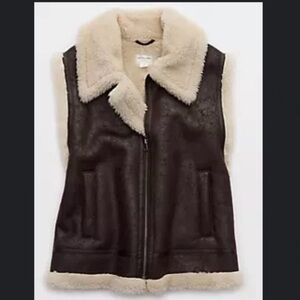 Aerie Deep Earth Faux Leather Vest with Sherpa Lining